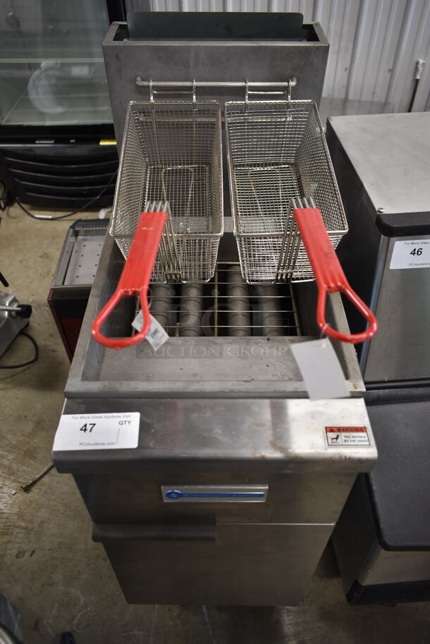 2021 Standard Range SR-F4-LP Stainless Steel Commercial Floor Style Propane Gas Powered Deep Fat Fryer w/ 2 Metal Fry Baskets. 120,000 BTU.  - Image 1 of 6