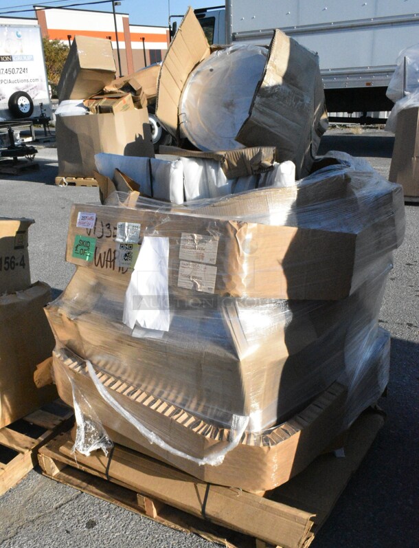 6 BRAND NEW Boxes Including 164CUSHMTLBK Lancaster Table & Seating 2 1/2" Black Vinyl Padded Seat for Metal Frame Seating, 164CCROSSFR Cross Back Chair, 349D3048VXBK Lancaster Table &amp; Seating 30" x 48" Rectangular Standard Height Wood Butcher Block Table with 4 Black Cross Back Chairs - Vintage, 349D2430VINX Lancaster Table &amp; Seating 24" x 30" Rectangular Standard Height Wood Butcher Block Table with Vintage Finish and Cast Iron Cross Base Plate. 6 Times Your Bid!  - Image 1 of 7