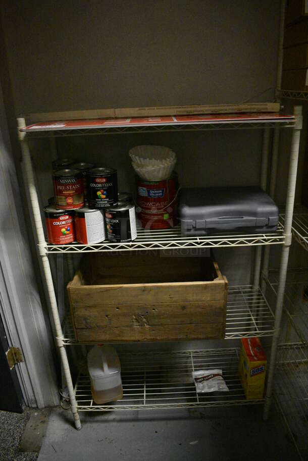 White Finish 4 Tier Wire Shelving Unit w/ Contents Including Paint, Wooden Crate. BUYER MUST REMOVE. BUYER MUST DISMANTLE. PCI CANNOT DISMANTLE FOR SHIPPING. PLEASE CONSIDER FREIGHT CHARGES. 36x14x54.5 (kitchen) - Image 1 of 7