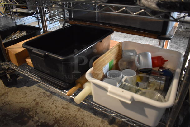 ALL ONE MONEY! Lot of Chrome Finish 5 Tier Shelving Unit on Commercial Casters w/ Contents Including Poly Beverage Tumblers, Coffee Urns, Mesh Baskets, Bus Bins, Utensils and Ceramic Mugs. BUYER MUST DISMANTLE. PCI CANNOT DISMANTLE FOR SHIPPING. PLEASE CONSIDER FREIGHT CHARGES. 48x18x75 - Image 4 of 12