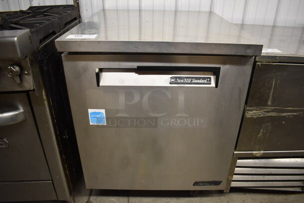 Turbo Air TUR-28SD Stainless Steel Commercial Single Door Undercounter Cooler on Commercial Casters. 115 Volts, 1 Phase. 27.5x30x37. Tested and Powers On But Does Not Get Cold