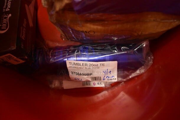 PALLET LOT of 23 BRAND NEW Boxes Including 150ASIANPINT Emperor's Select Chinese Pint Size Insulated Foil Bag - 1000/Case, 304FND109W Acopa Foundations 9" White Narrow Rim Melamine Plate - 12/Case, 3756620BP GET 6620-BP 20 oz. Blue Pepsi® SAN Plastic Pebbled Tumbler - 72/Case, Choice Pastry Bags, 471SPC100 Choice 20 13/16" Aluminum Pot / Pan Cover, 470M37015 Barfly M37015 12 3/8" Stainless Steel Bar Spoon with Fork End, 2 475TCRND44RD Lavex 44 Gallon Red Round Commercial Trash Can, 2 Box 127PL2 Choice PET Plastic Lid for 1.5 to 2.5 oz. Souffle Cup / Portion Cup - 2500/Case, 130PSVDISP4 Preserve 36007 Multi-Utensil Cutlery Dispenser, 17821313 Plate, 442CMTTW1044 Lavex 10" x 4" x 4" White Tuck Top Corrugated Mailer - 50/Bundle, 127RDTFLBULK Choice Microwavable Translucent Recessed Fit Deli Lid - 500/Case, 2 127RD16BULK Choice 16 oz. Microwavable Translucent Round Deli Container - 500/Case. 23 Times Your Bid! - Image 4 of 12