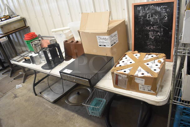 ALL ONE MONEY! Table and Floor Lot Including Chalkboard, Receipt Paper, Cash Drawer, Sanitizing Buckets, Hose, Lid, Sheet Pans and MORE!