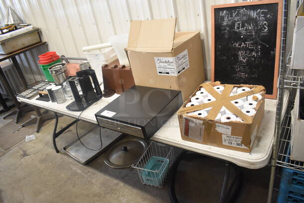 ALL ONE MONEY! Table and Floor Lot Including Chalkboard, Receipt Paper, Cash Drawer, Sanitizing Buckets, Hose, Lid, Sheet Pans and MORE! - Image 1 of 8