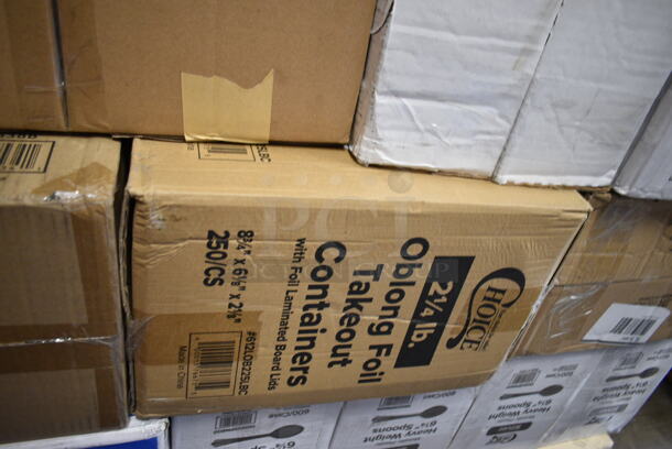 PALLET LOT of 40 BRAND NEW Boxes Including 66TALLFLDB 6" x 13" Dispenser Napkin, 394385L Disposable Latex Gloves for Foodservice, 129MCR38B Choice 38 oz. Black Round Microwavable Heavy Weight Container with Lid - 150/Case, 760IC08B Choice 8 oz. Blue Paper Frozen Yogurt / Food Cup - 1000/Case, 32130.0000 Air Pot, 2 Box 129MCS24B Choice 24 oz. Black Rectangular Microwavable Heavy Weight Container with Lid 8" x 5 1/4" x 2" - 150/Case, Choice 2 oz Portion Cup, 2 Box 3941083M Lavex Medium Gloves, 612LOB225LBC Choice 2.25 lb. Oblong Foil Take-Out Container with Board Lid - 250/Case, 4 Box 130SVSPN600 Visions 6 1/4" Flared Heavy Weight Silver Plastic Spoon - 600/Case, 130WSPOONWP White Spoon, Enjay White Embossed, 2 Box 129MCR38B Choice 38 oz. Black Round Microwavable Heavy Weight Container with Lid - 150/Case, 3 Box WTSB33 American Metalcraft WTSB33 31" Black Wood Folding Tray Stand with Black Straps, Enjay 10" White Embossed Plates, 500CC9 Choice 9 oz. Clear PET Customizable Plastic Squat Cold Cup - 1000/Case. 40 Times Your Bid! - Image 9 of 12
