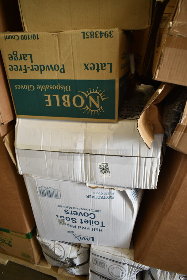 PALLET LOT of 34 BRAND NEW Boxes Including 2 Box 129MCR24B Choice 24 oz. Black Round Microwavable Heavy Weight Container with Lid 7 1/4" - 150/Case, Banquet Roll 40'x300', 3 Box 347RPBD10WHS Visions 10" White Plastic Plate with Silver Bands - 120/Case, 500TSCOVER Lavex Half Fold Paper Toilet Seat Cover - 5000/Case, 394385L Noble Products White Powder-Free Disposable Latex Gloves for Foodservice - Large - 1000/Case, 395TO991 EcoChoice 9" x 9" x 3" Compostable Sugarcane / Bagasse 1 Compartment Take-Out Box - 200/Case, Choice Foil Steam Table Pans. 34 Times Your Bid! - Image 7 of 12