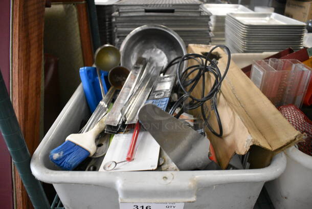 ALL ONE MONEY! Lot of Various Items Including Ladles, Lifters, Adapters and Wires in Poly Gray Bus Bin