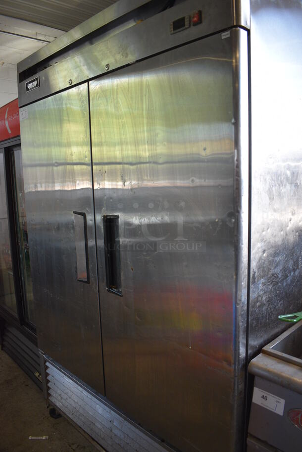 Bison Model MBF8507 Stainless Steel Commercial 2 Door Reach In Cooler w/ Poly Coated Racks on Commercial Casters. 115 Volts, 1 Phase. 54x32x83.5. Tested and Working! - Image 3 of 6