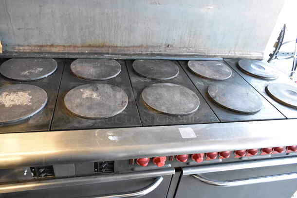 Vulcan E60 Stainless Steel Commercial Electric Powered 10 Burner Hot Plate Range w/ 2 Ovens, Over Shelf and Back Splash. 240 Volts, 1 Phase.  - Image 3 of 8