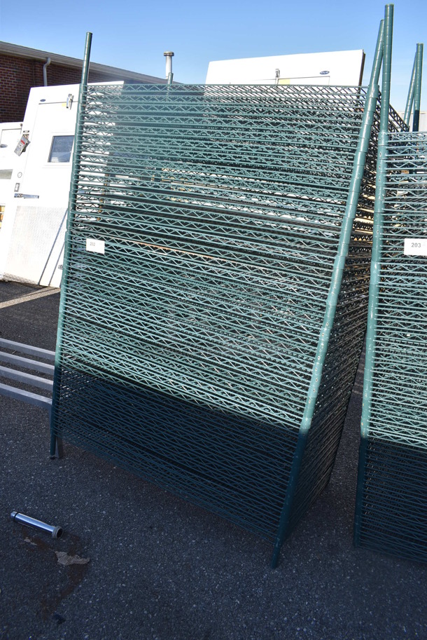 ALL ONE MONEY! Lot of 40 Green Finish Wire Shelves and 4 Poles. 48x24x1.5, 75" - Image 3 of 4