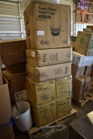 PALLET LOT of 30 BRAND NEW! Boxes Including 760IC16Y Choice 16 oz. Yellow Paper Frozen Yogurt / Soup / Food Cup - 1000/Case, 2 Box 433CARRIER4 Pulp Fiber 4 Cup Carrier - 300/Case, 4 Box 127CH16S Choice 16 oz. Clear RPET Shallow Hinged Deli Container - 200/Case, 500LFLAT Choice Clear Flat Lid with Straw Slot - 9, 12, 16, 20, and 24 oz. - 1000/Case, 129MCS28B Choice 28 oz. Black Rectangular Microwavable Heavy Weight Container with Lid 8 3/4" x 6 1/4" x 1 3/4" - 150/Case, Lavex Jumbo Toilet Paper, 2 Box 130HBKCUTSSW  Visions Individually Wrapped Black Heavy Weight Plastic Soup Spoon - 1000/Case, 600DBPR Regency 20" x 20" x 2 1/4" 18-Gauge Stainless Steel Scrap / Pre-Rinse Basket with Stainless Steel Slides, 4856237063FISH StrawFish 5 3/4" Black Unwrapped Jumbo Cocktail Straw - 5000/Case, 128HD16BULK ChoiceHD 16 oz. Microwavable Translucent Plastic Deli Container - 480/Case,  128HD32COMBO Choice 32 oz. microwavable translucent plastic deli, 129MCS28B Choice Black Rectangular Microwavable Heavy Weight Container. 30 Times Your Bid!