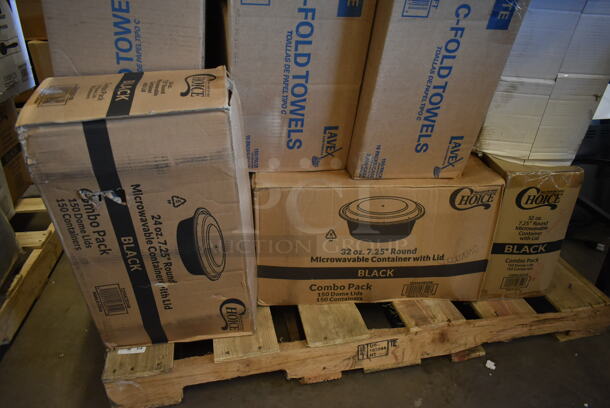 PALLET LOT of 25 BRAND NEW! Boxes Including CC45 EcoTouch 4.5 oz Cone Water Cups, 2 Box 5002CPTE Lavex 2-Ply White Center Pull Economy Paper Towel 510' Roll - 6/Case, 3 Box 500CFT Lavex White C-Fold Standard Weight Towel - 2400/Case, 129MCR24B ChoiceHD 8 oz. Microwavable Translucent Plastic Deli Container - 480/Case, 2 Box 129MCR32B Choice 32 oz. Black Round Microwavable Heavy Weight Container with Lid 7 1/4" - 150/Case, 3 Box 795PTOWHT2  Choice 7 3/4" x 5 1/2" x 2" White Microwavable Folded Paper #2 Take-Out Container - 200/Case, STI-2115 Heart Shape Container. 25 Times Your Bid! - Image 4 of 9
