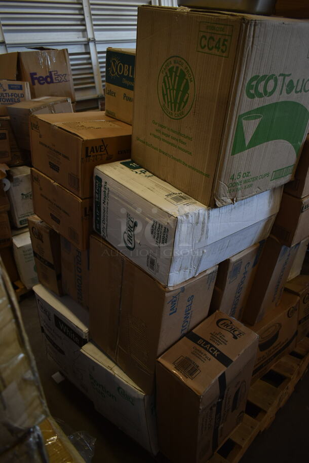 PALLET LOT of 25 BRAND NEW! Boxes Including CC45 EcoTouch 4.5 oz Cone Water Cups, 2 Box 5002CPTE Lavex 2-Ply White Center Pull Economy Paper Towel 510' Roll - 6/Case, 3 Box 500CFT Lavex White C-Fold Standard Weight Towel - 2400/Case, 129MCR24B ChoiceHD 8 oz. Microwavable Translucent Plastic Deli Container - 480/Case, 2 Box 129MCR32B Choice 32 oz. Black Round Microwavable Heavy Weight Container with Lid 7 1/4" - 150/Case, 3 Box 795PTOWHT2  Choice 7 3/4" x 5 1/2" x 2" White Microwavable Folded Paper #2 Take-Out Container - 200/Case, STI-2115 Heart Shape Container. 25 Times Your Bid! - Image 5 of 9
