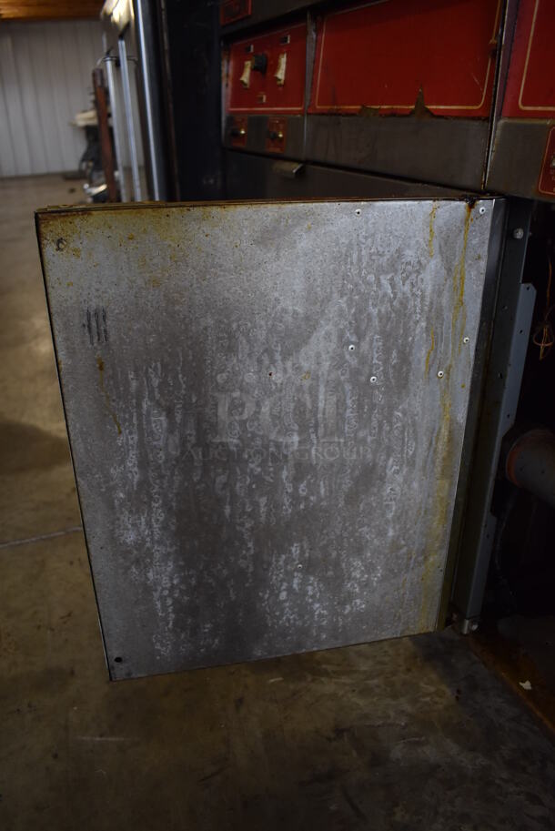 Vulcan 30RD45 Stainless Steel Commercial Floor Style Natural Gas Powered 2 Bay Deep Fat Fryer w/ Center Dumping Station on Commercial Casters. Missing Caster. 240,000 BTU. 47x35x58 - Image 12 of 12