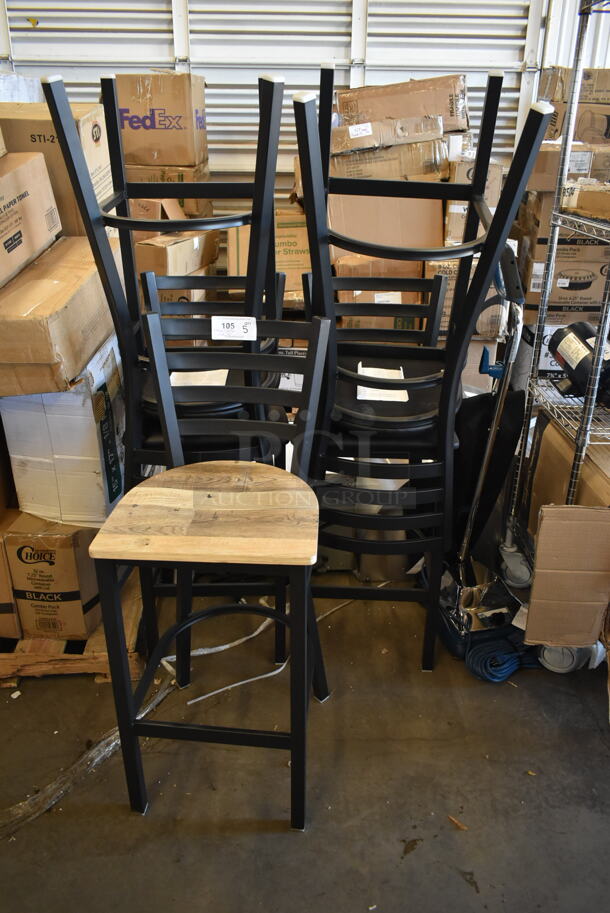 5 BRAND NEW SCRATCH AND DENT! Black Metal Bar Height Chairs; 4 w/ Black Seat Cushion and 1 w/ Wood Pattern Seat. 5 Times Your Bid!