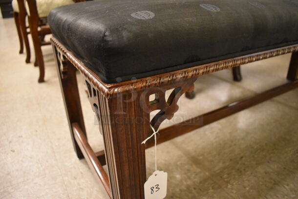 Ornate Indoor Hard Wood Bench w/ Black Seat Cushion. - Image 3 of 5