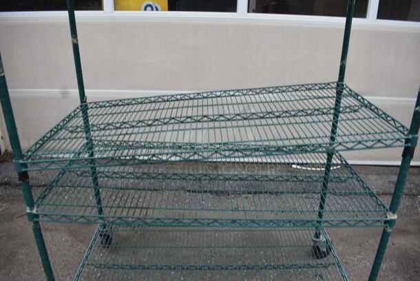 Wire Shelving Unit With 5 Polycoated Shelves In Green on Commercial Casters.  - Image 4 of 5