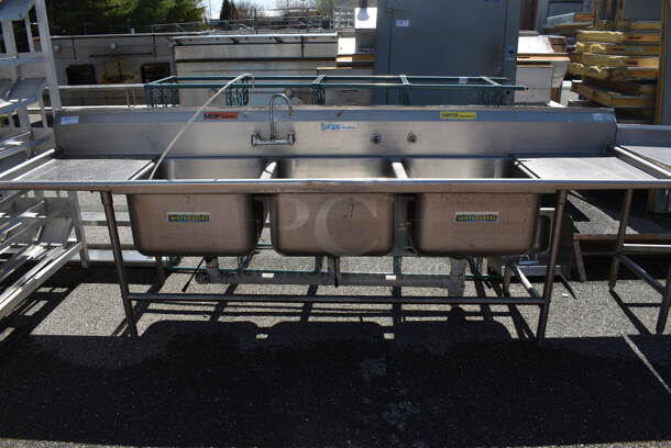 Stainless Steel Commercial 3 Bay Sink w/ Dual Drainboards, Faucet and Handles. 126x31x44. Bays 24x24x14. Drainboards 22x27x2 - Image 1 of 6