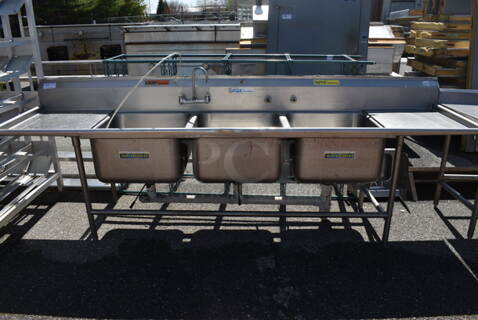 Stainless Steel Commercial 3 Bay Sink w/ Dual Drainboards, Faucet and Handles. 126x31x44. Bays 24x24x14. Drainboards 22x27x2