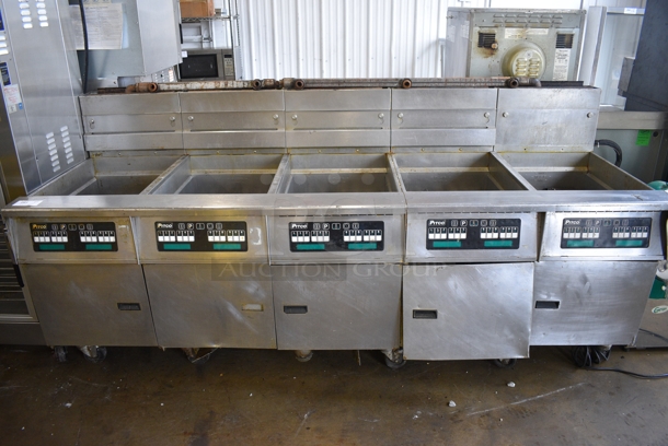 Pitco Frialator Model SSH75 Stainless Steel Commercial Natural Gas Powered 5 Bay Deep Fat Fryer on Commercial Casters. 105,000 BTU. 100x34x48