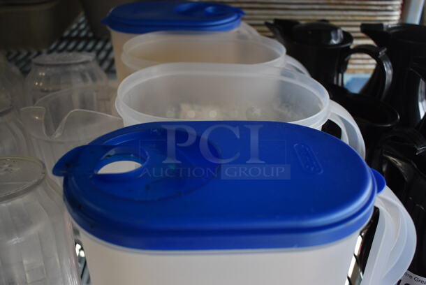 ALL ONE MONEY! Lot of 4 Clear Poly Pitchers w/ Blue Lids! 10x5x9.5 - Image 4 of 4