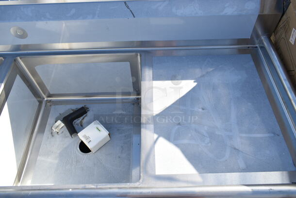 	BRAND NEW SCRATCH AND DENT! Regency 600S22424224 98" 16 Gauge Stainless Steel Two Compartment Commercial Sink with Galvanized Steel Legs and 2 Drainboards - 24" x 24" x 14" Bowls. No Legs. - Image 4 of 6
