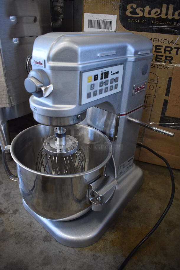 BRAND NEW IN BOX! Estella Model 348EMIX8 Metal Commercial Countertop 8 Quart Planetary Dough Mixer w/ Stainless Steel Mixing Bowl, Whisk, Paddle and Dough Hook Attachment. Unit Was Only Used as a Demonstration at Trade Shows. 120 Volts, 1 Phase. 13x16x20. Tested and Working!