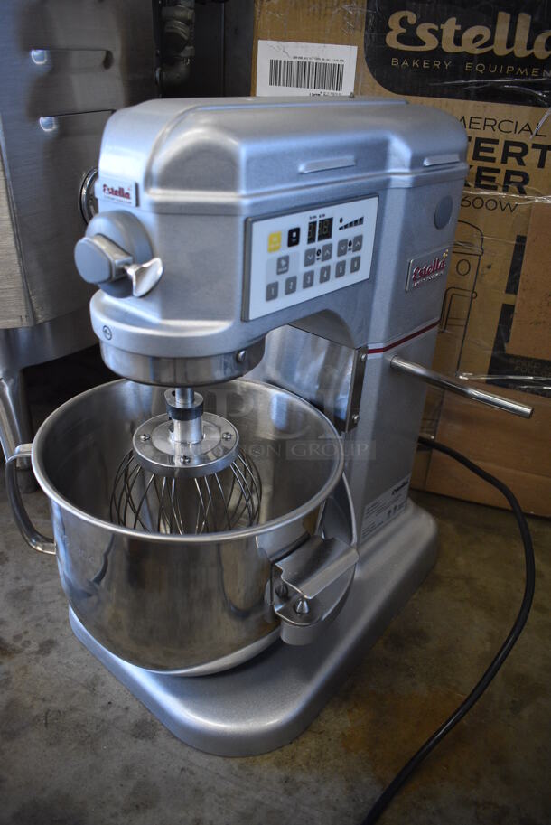 BRAND NEW IN BOX! Estella Model 348EMIX8 Metal Commercial Countertop 8 Quart Planetary Dough Mixer w/ Stainless Steel Mixing Bowl, Whisk, Paddle and Dough Hook Attachment. Unit Was Only Used as a Demonstration at Trade Shows. 120 Volts, 1 Phase. 13x16x20. Tested and Working! - Image 1 of 7