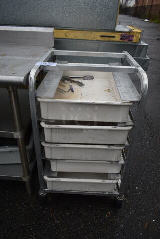 Metal Commercial Pan Transport Rack w/ 5 White Poly Dough Bins on Commercial Casters.