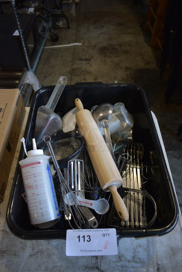 ALL ONE MONEY! Lot of Various Utensils Including Rolling Pin and Serving Spoon in Black Poly Bus Bin