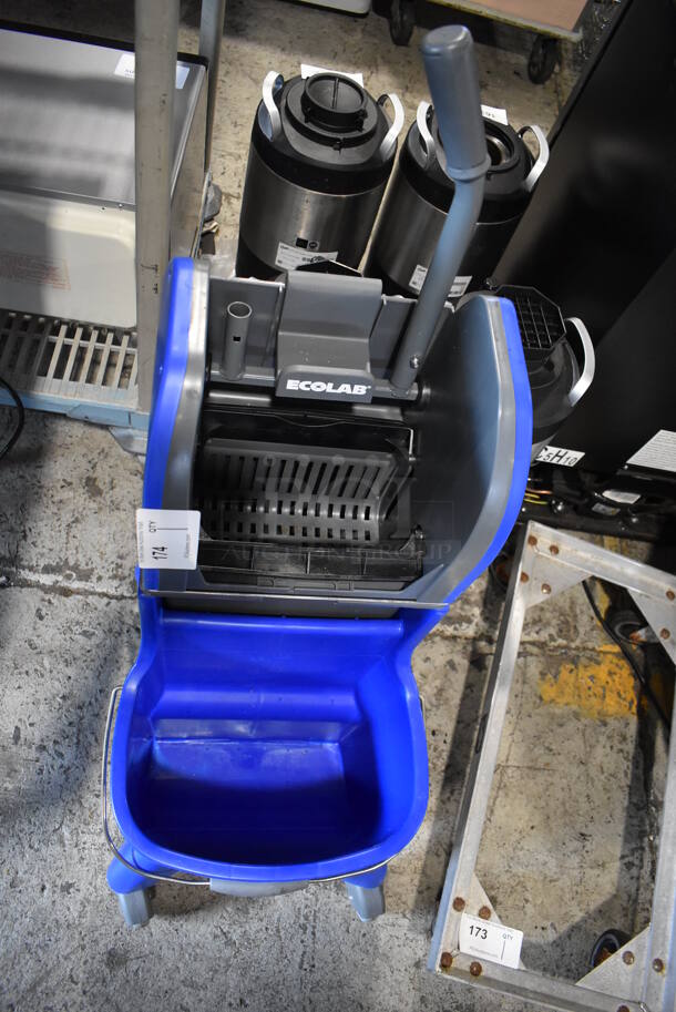 Ecolab Blue and Gray Poly Mop Bucket w/ Wringing Attachment on Commercial Casters. 16x21x39 - Image 2 of 4