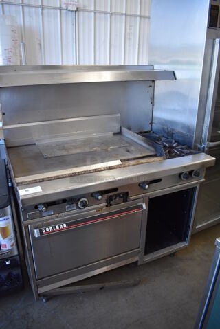 Garland Stainless Steel Commercial Natural Gas Powered Flat Top Griddle, 2 Burner Range, Oven, Over Shelf and Back Splash. 48x33x59.5