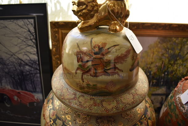 Ornate Asian Style Capped Vase w/ Foo Dog and Samurai Motif. - Image 4 of 7