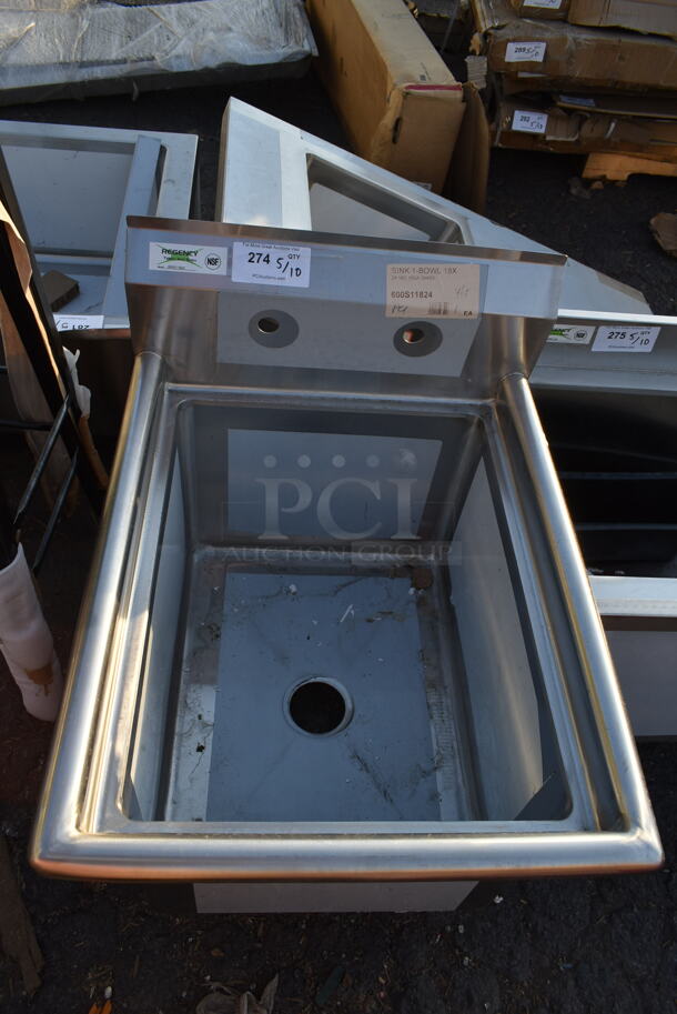 BRAND NEW SCRATCH AND DENT! Regency 600S11824 23" 16 Gauge Stainless Steel One Compartment Commercial Sink with Stainless Steel Legs and Cross Bracing - 18" x 24" x 14" Bowl. No Legs.  - Image 2 of 6