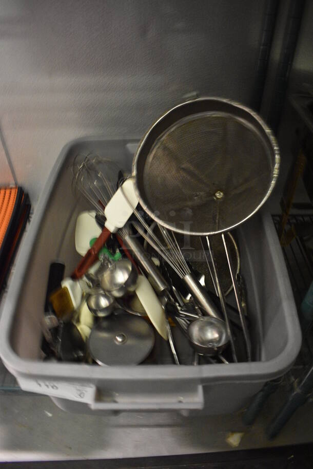 ALL ONE MONEY! Lot of Various Utensils Including China Cap Strainer, Whisks and Dishers in Gray Poly Bin. (kitchen)