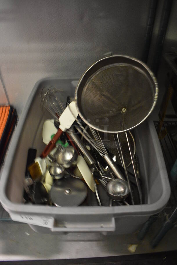 ALL ONE MONEY! Lot of Various Utensils Including China Cap Strainer, Whisks and Dishers in Gray Poly Bin. (kitchen) - Image 1 of 4