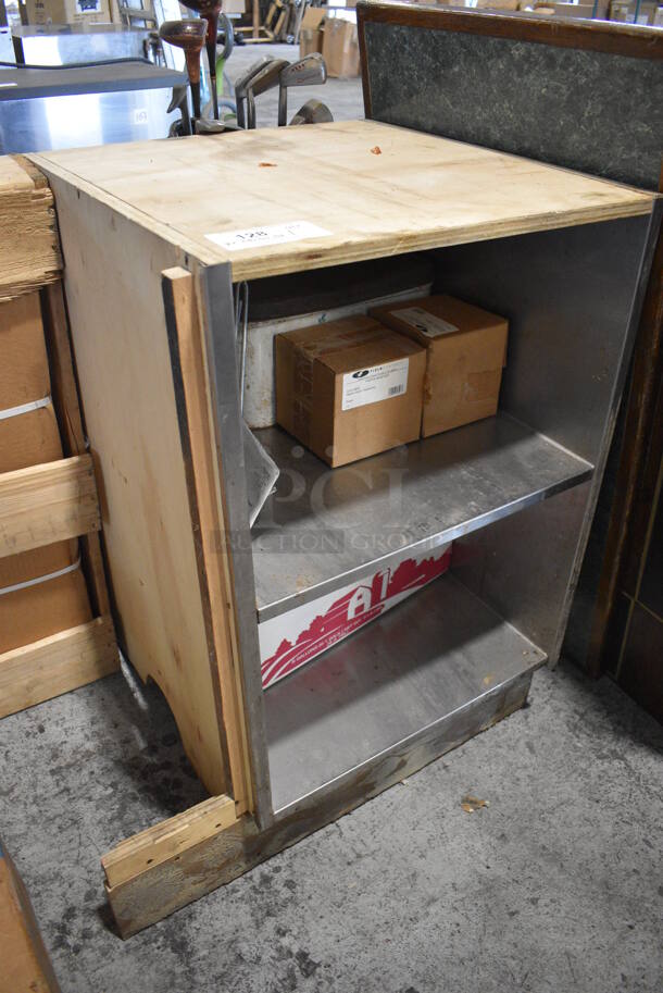 Wood Pattern Counter w/ 2 Metal Under Shelves and Various Contents Including Repair Motor Assembly. 22.5x23.5x35.5   - Image 2 of 5