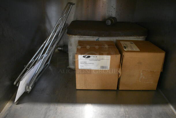 Wood Pattern Counter w/ 2 Metal Under Shelves and Various Contents Including Repair Motor Assembly. 22.5x23.5x35.5   - Image 4 of 5