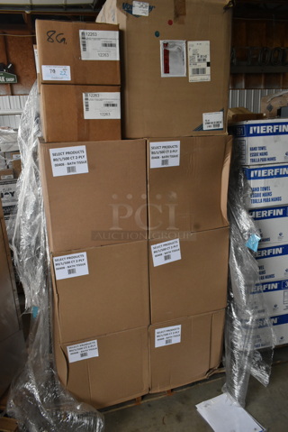 PALLET LOT of 22 Boxes of BRAND NEW! Items Including 12263 4" Dessert Cups, 00408 Bath Tissue Rolls, TRC-44 Extender Rack. 22 Times Your Bid!