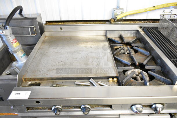 Jade Range Stainless Steel Commercial Gas Powered Flat Top Griddle w/ 2 Burner Range, Charbroiler Grill and 4 Drawer Chef Base on Commercial Casters. Cannot Test Chef Base - Appears To Have Been Hardwired - Image 4 of 12