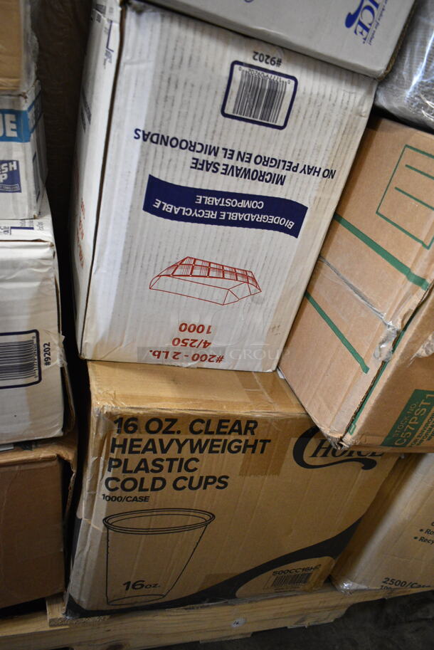 PALLET LOT of 30 BRAND NEW Boxes Including 500CC20HD 20 oz. Plastic Cold Cup - 600/Case, 130HFBK1M Visions Black Heavy Weight Plastic Fork - Case of 1000, 2 Box 612FFL1230 Choice Foil Steam Table Pan Lid - Full Size - 50/Case, 6700305 Moist Towelette, 2 Box 9202 #200 Food Baskets, 500CC16HD 16 oz. Plastic Cold Cup - 1000/Case, Choice 1 oz Portion Cups, 5008W Choice 8 oz. Tall White Poly Paper Hot Cup - 1000/Case, 16 oz PET Cold Cups, 500TW9 Choice 9 oz. Translucent Thin Wall Plastic Cold Cup - 2500/Case, Dart C57PST1 ClearSeal Hinged Lid Plastic Container 6" x 5 13/16" x 3" - 500/Case, 245CB7PLN Choice 7" x 7" x 2" Kraft Customizable Corrugated Plain Pizza Box - 50/Case, 245CPB10 PRINT Choice 10" x 10" x 2" White Corrugated Pizza Box - 50/Case, 128HD16COMBO ChoiceHD 16 oz. Microwavable Translucent Plastic Deli Container and Lid Combo Pack - 240/Case, 50016W Choice 16 oz. White Poly Paper Hot Cup - 1000/Case. 30 Times Your Bid! - Image 5 of 12
