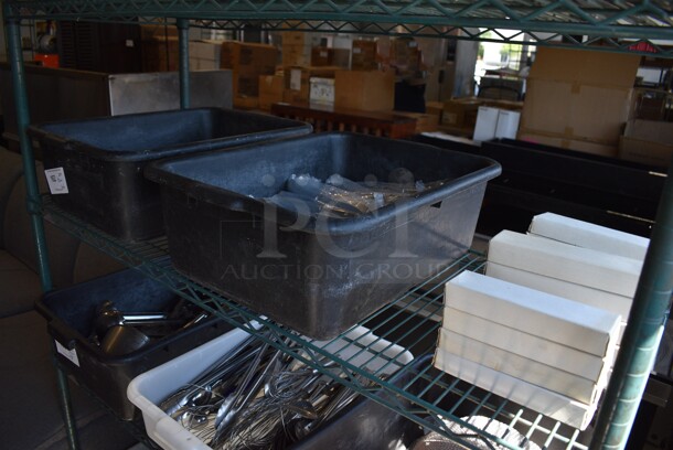 ALL ONE MONEY! Tier Lot of 2 Bus Bins of Various Silverware and 14 Boxes of Vollrath Salad Forks. 