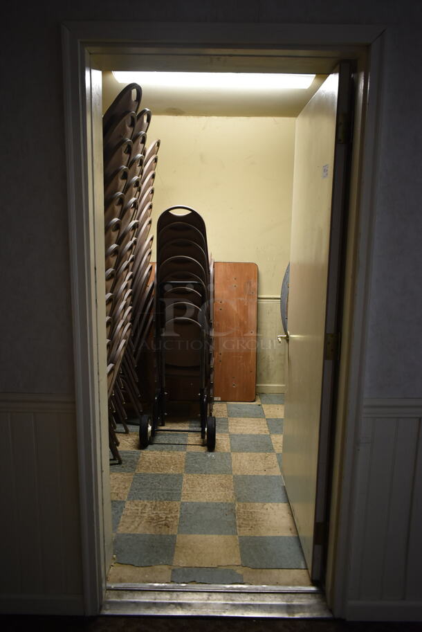 ALL ONE MONEY! ROOM LOT of Various Items Including Stackable Banquet Dining Chairs and Round Folding Tables. BUYER MUST REMOVE. (ballroom #2) - Image 1 of 6