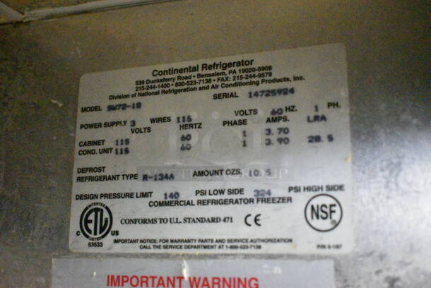 Continental SW72-18 Stainless Steel Commercial 3 Door Undercounter Cooler on Commercial Casters. 115 Volts, 1 Phase. Tested and Powers On But Does Not Get Cold - Image 7 of 7