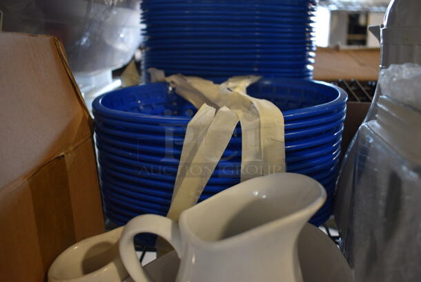ALL ONE MONEY! Tier Lot of Various Items Including White Poly Coffee Urns, Blue Poly Food Baskets and Ceramic Dishes - Image 4 of 7