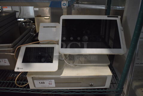 ALL ONE MONEY! Lot of Clover 13.5" POS Monitor, Clover Model C500 Screen, Clover Model P500 Receipt Printer and Metal Cash Drawer