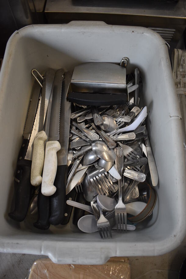 ALL ONE MONEY! Lot of Various Utensils and Silverware Including Knives and Rocking Salad Tosser in Gray Poly Bus Bin