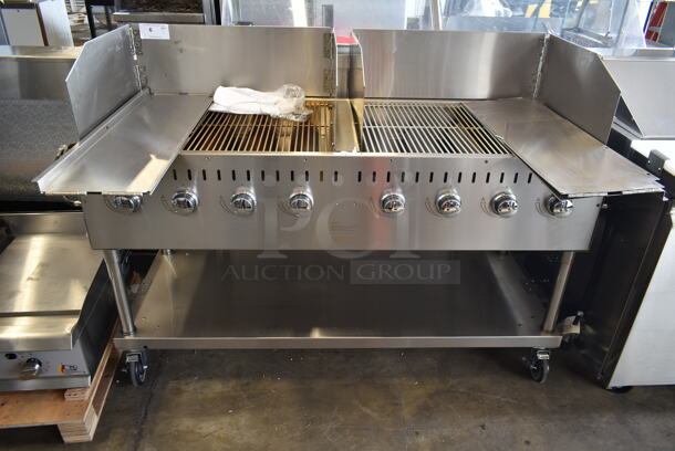 2023 Backyard Pro LPG60 Stainless Steel Commercial Floor Style Propane Gas Powered Portable Charbroiler Grill w/ Under Shelf on Commercial Casters. Tested and Working!