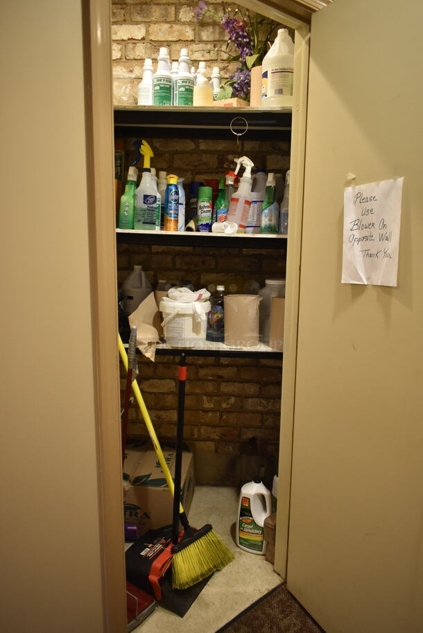ALL ONE MONEY! ROOM LOT of Various Items Including Broom, Cleaners and Dust Pan. BUYER MUST REMOVE. (front hallway) - Image 1 of 8