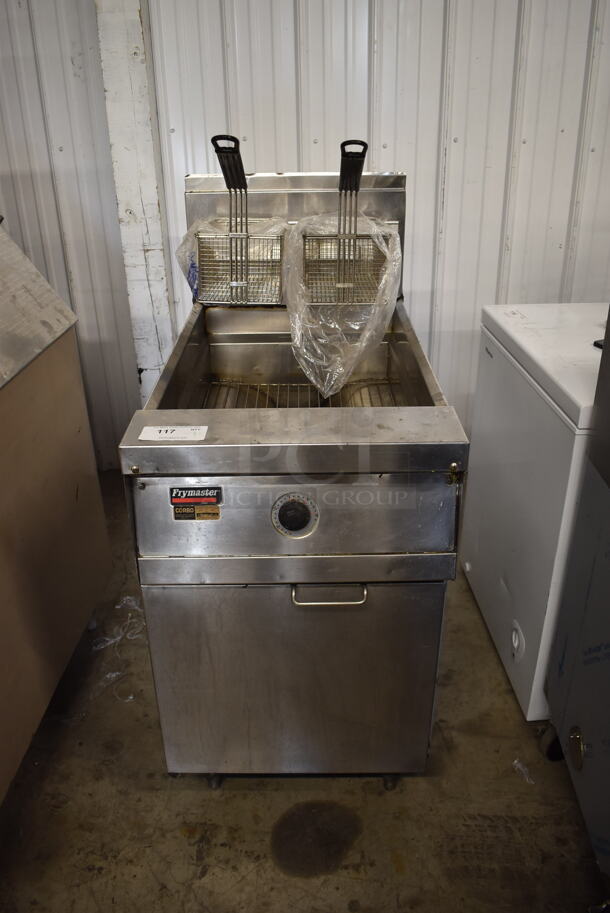 Frymaster MJCFSD Commercial Stainless Steel Natural Gas Fryer With 2 Fry Baskets On Galvanized Legs. 150,000 BTU.